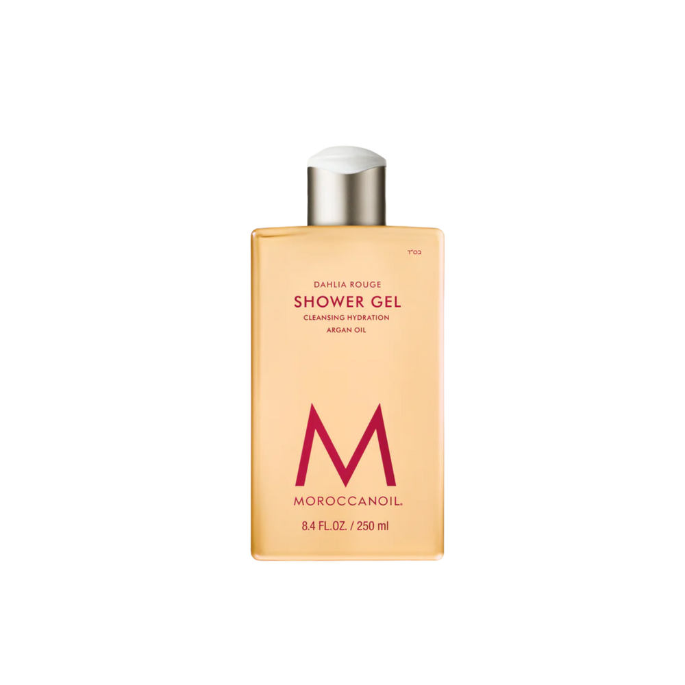 Flacon 250 ml du Moroccanoil Shower Gel Dahlia Rouge – gel douche hydratant parfum pétales de dahlia, tubéreuse pearl et bois de santal.

