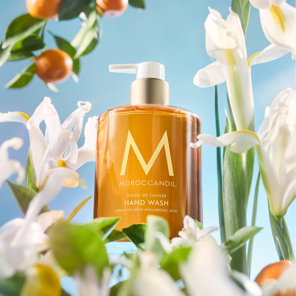 Flacon 360 ml Moroccanoil Hand Wash Soleil de Tanger, savon mains hydratant parfum clémentine, gingembre frais et fleur de néroli à l’huile d’argan

