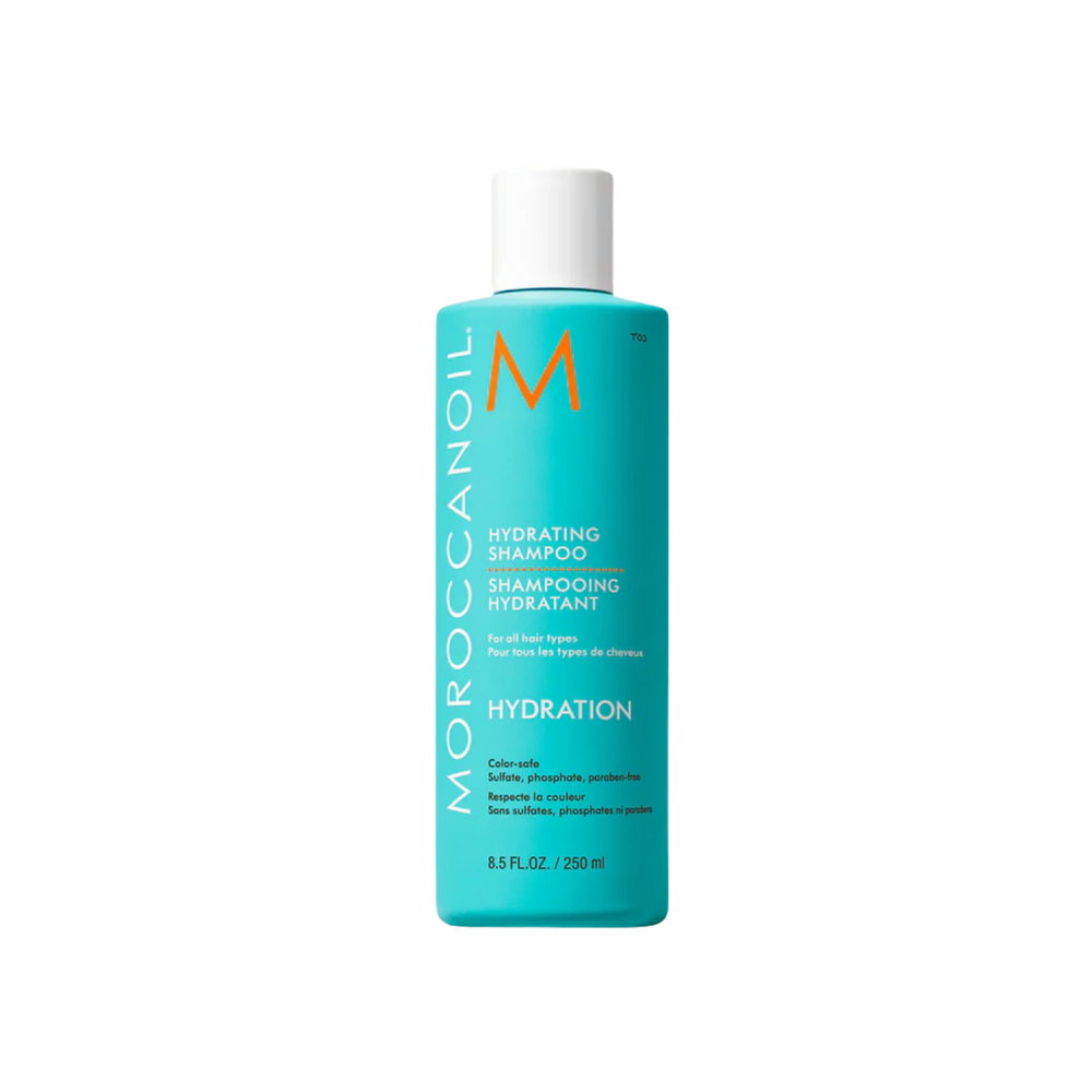 Flacon de Moroccanoil Hydrating Shampoo 250 ml – soin hydratant sans sulfates à l’huile d’argan, algues rouges et vitamines A & E pour cheveux secs et colorés.

