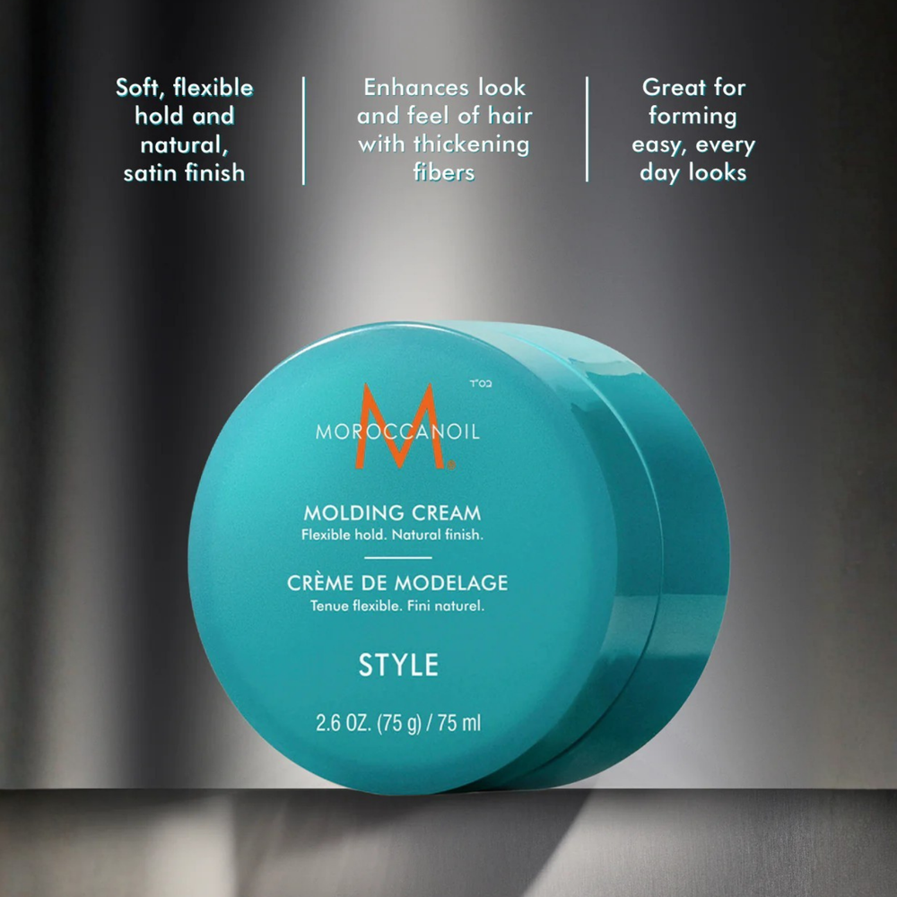 Pot de Moroccanoil Molding Cream 100ml pour coiffage texturisé avec tenue flexible et fini semi-mat à l’huile d’argan.