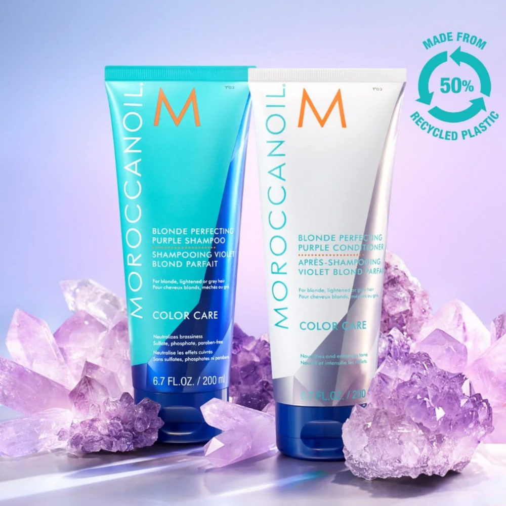 Tube violet Moroccanoil Blonde Perfecting Purple Conditioner 200 ml, soin neutralisant pour cheveux blonds

