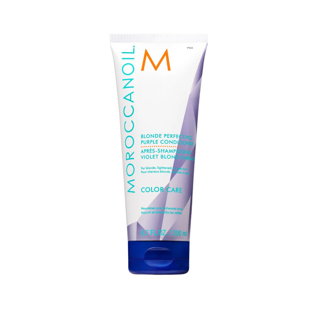 Tube violet Moroccanoil Blonde Perfecting Purple Conditioner 200 ml, soin neutralisant pour cheveux blonds

