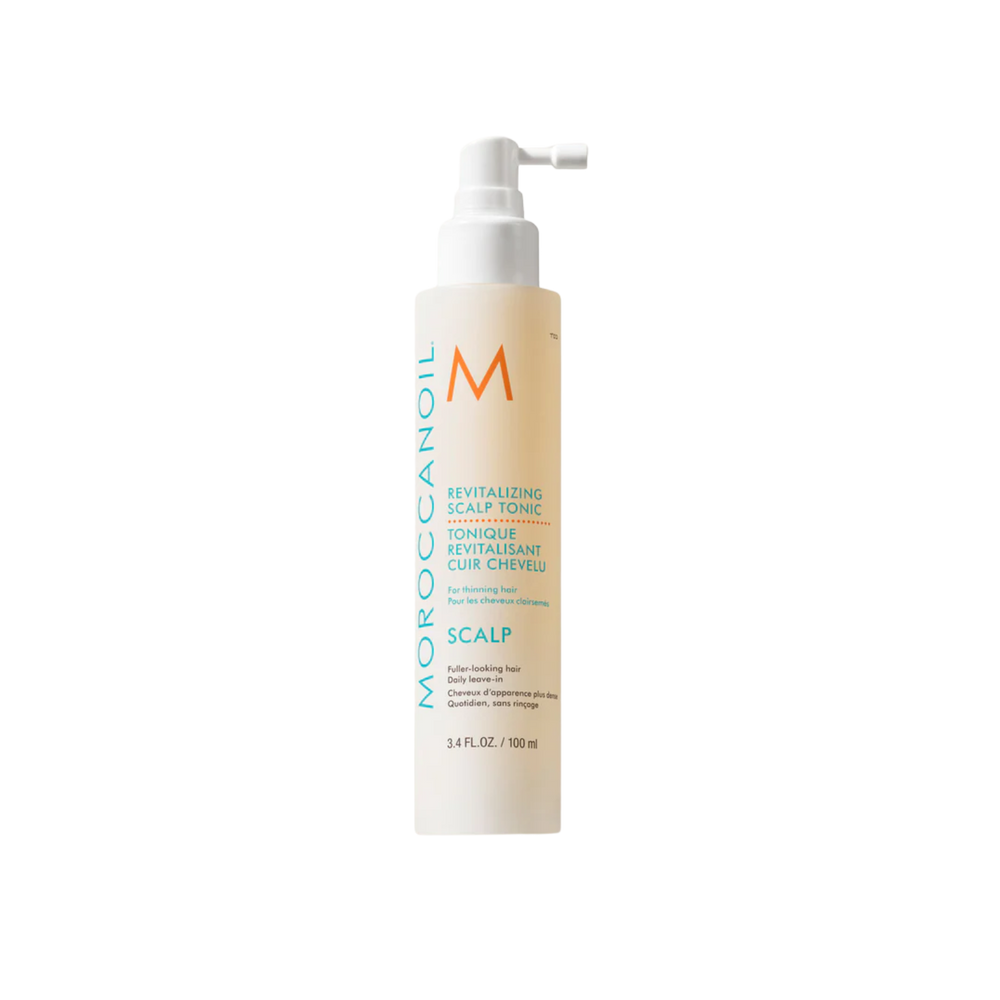 Flacon spray Moroccanoil Revitalizing Scalp Tonic 100 ml, soin leave‑in apaisant et densifiant cuir chevelu à l’huile d’argan

