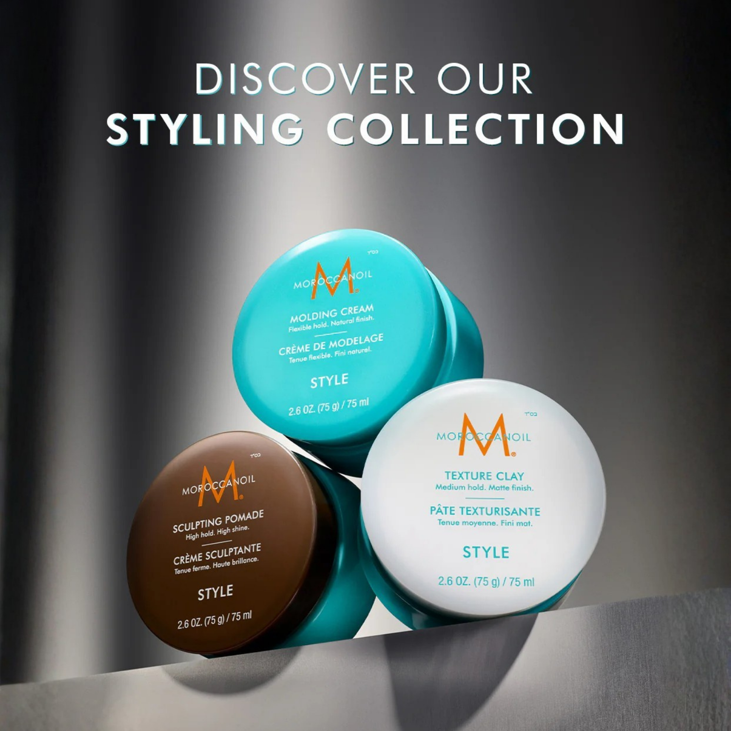 Pot de Moroccanoil Sculpting Pomade 75ml pour coiffage haute tenue avec fini brillant et formule enrichie en huile d’argan.