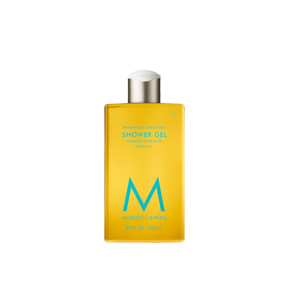 Flacon 250 ml du Moroccanoil Shower Gel Fragrance Originale – gel douche hydratant à l’huile d’argan parfum signature ambre, magnolia, bois.

