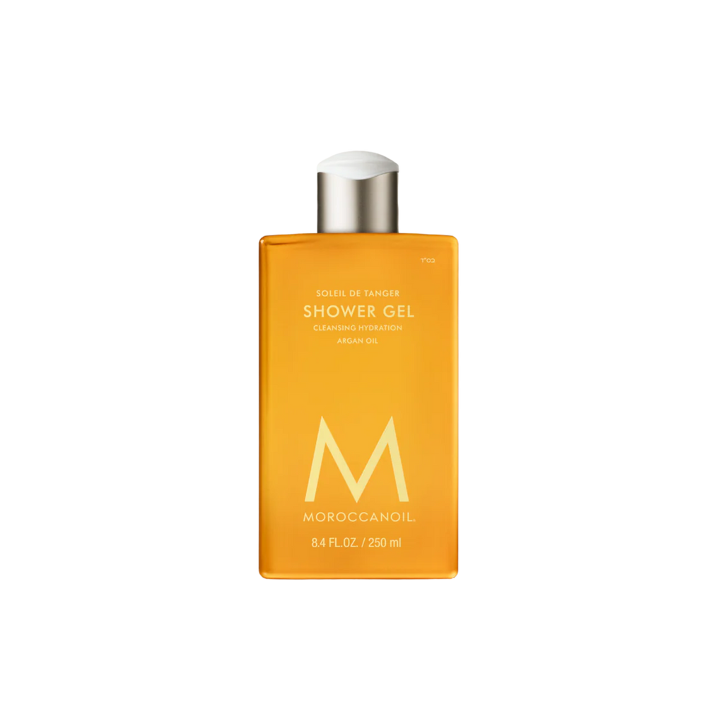 Flacon 250 ml Moroccanoil Shower Gel Soleil de Tanger, gel douche hydratant parfum clémentine, gingembre frais et fleur de bigaradier à l’huile d’argan.

