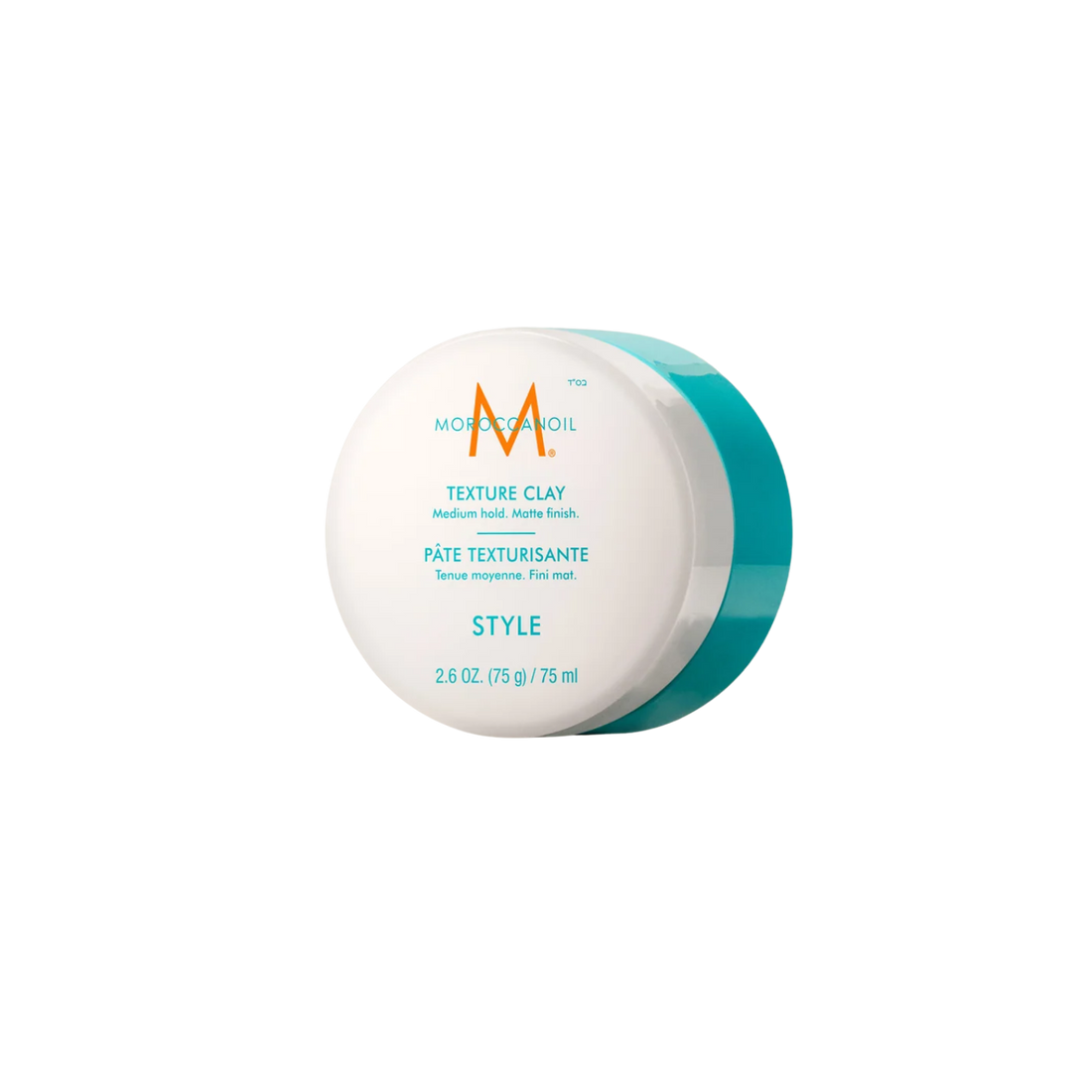 Pot de Moroccanoil Texture Clay 75ml, pâte coiffante matte à tenue forte pour cheveux texturés et naturels.