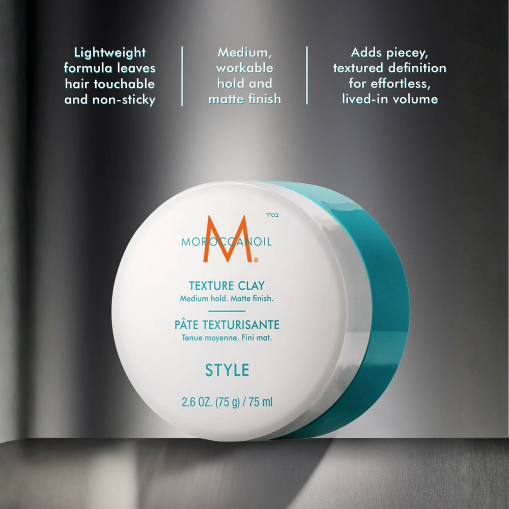 Pot de Moroccanoil Texture Clay 75ml, pâte coiffante matte à tenue forte pour cheveux texturés et naturels.