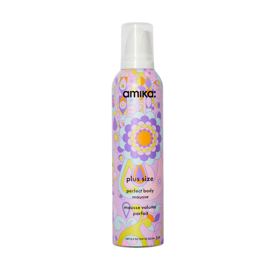 Bouteille de mousse volumisante Amika Plus Size Perfect Body 250 ml pour cheveux avec effet volume intense et tenue flexible.