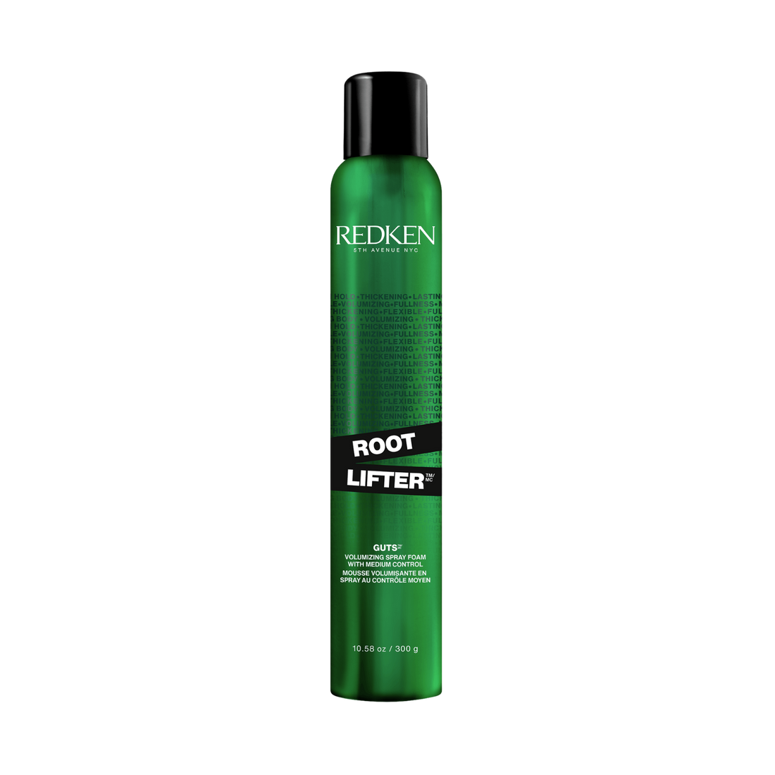 Flacon mousse-spray Root Lifter (Guts 10) de Redken, posé sur fond neutre.