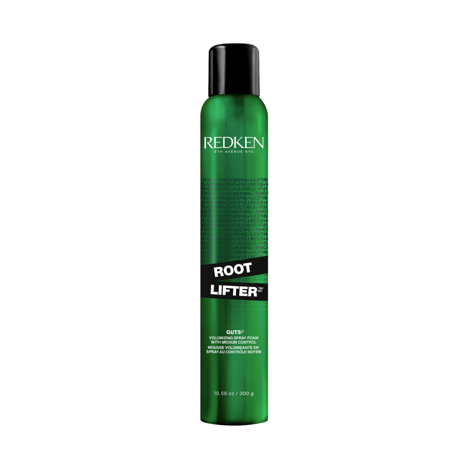 Flacon mousse-spray Root Lifter (Guts 10) de Redken, posé sur fond neutre.