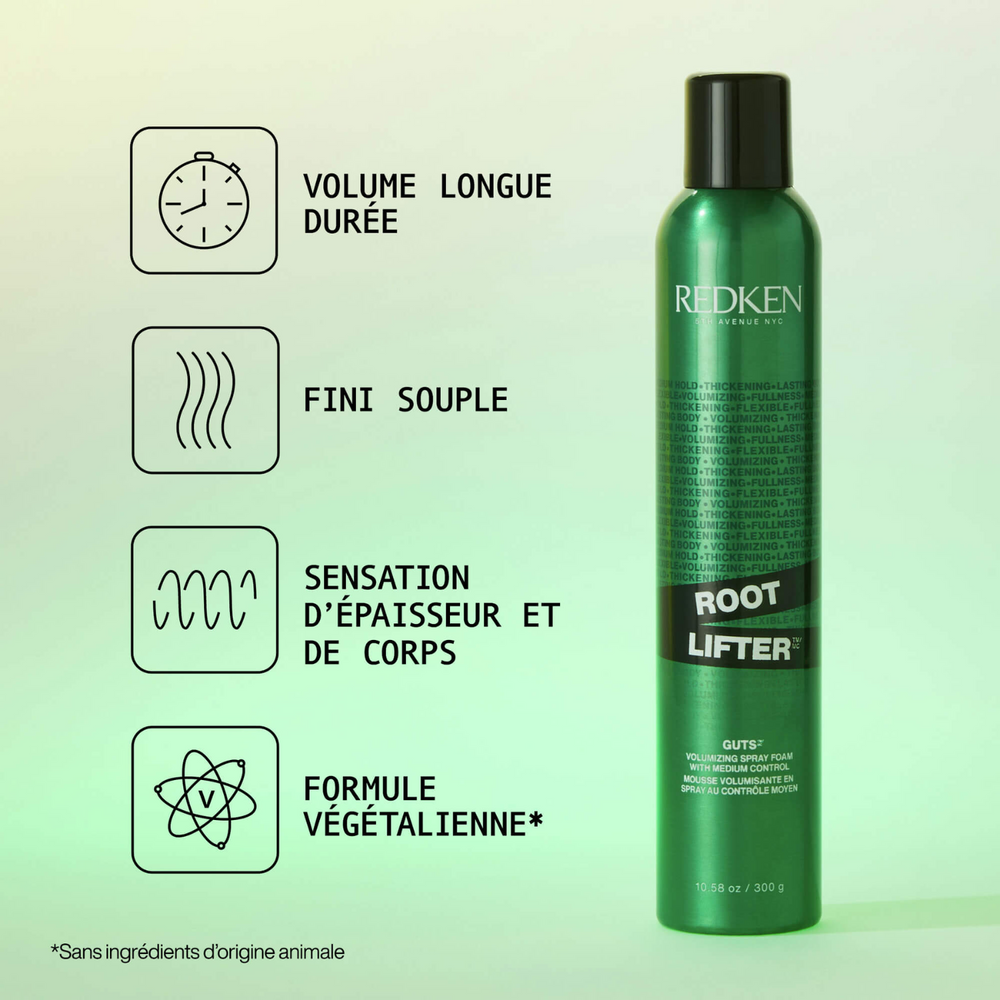 Flacon mousse-spray Root Lifter (Guts 10) de Redken, posé sur fond neutre.