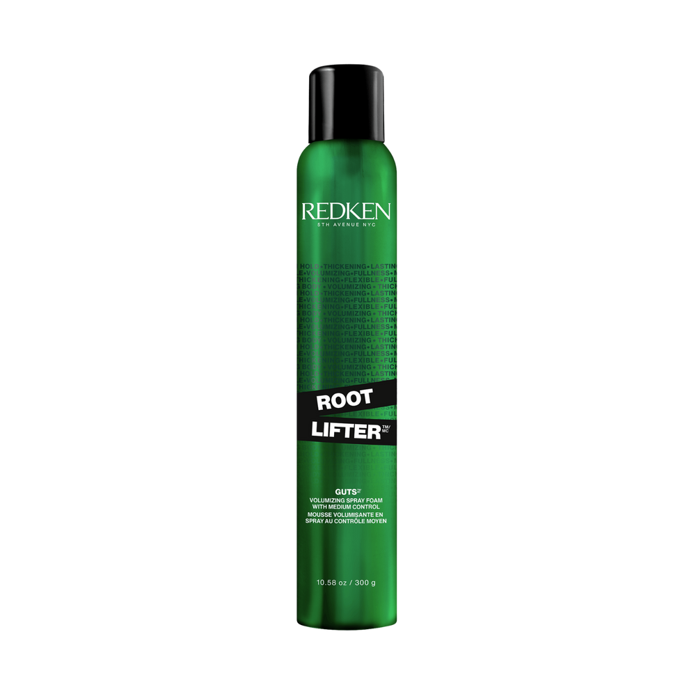 Flacon mousse-spray Root Lifter (Guts 10) de Redken, posé sur fond neutre.