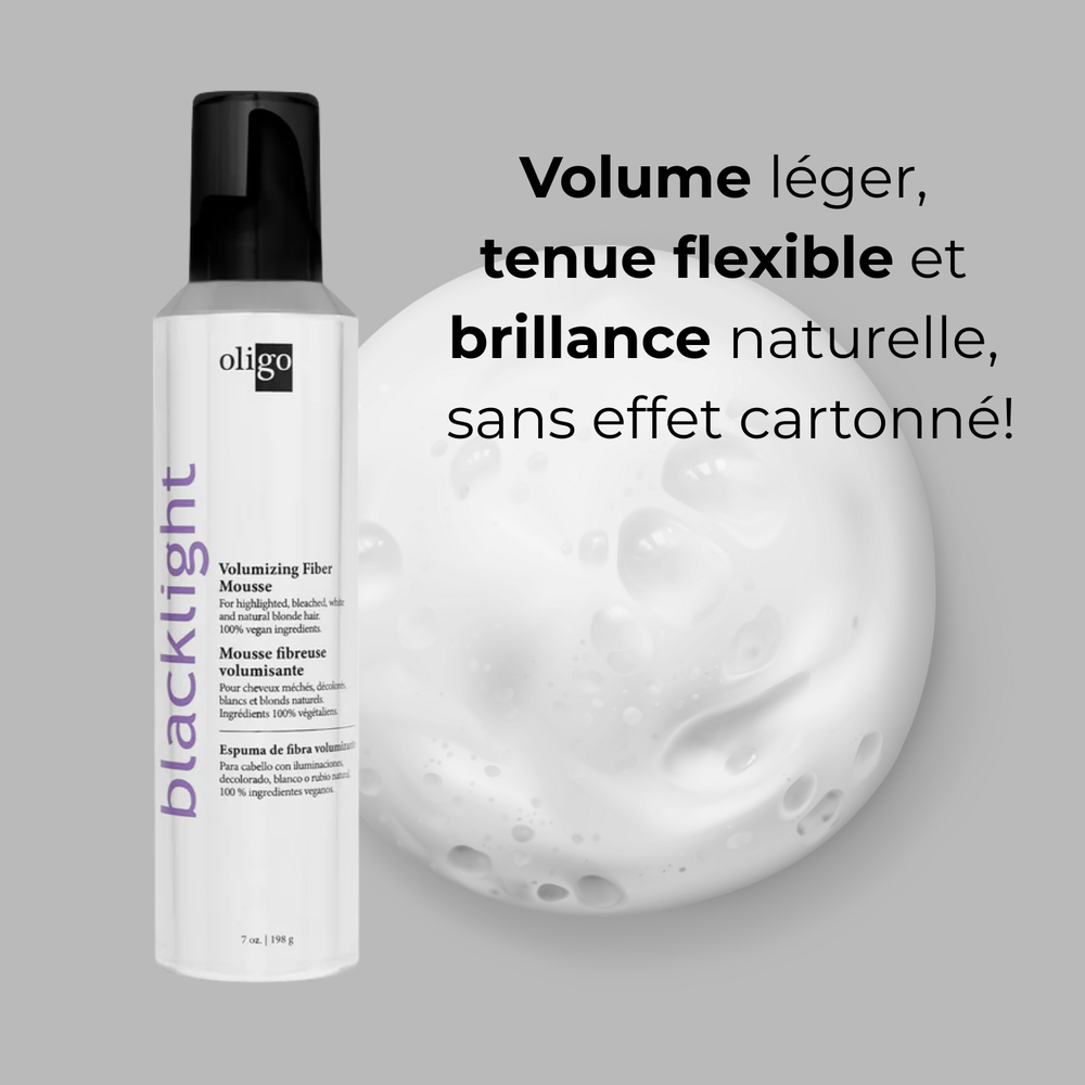 Mousse volumisante Oligo Blacklight : volume instantané, brillance naturelle et protection thermique. Tenue moyenne, sans résidus ni sensation collante.