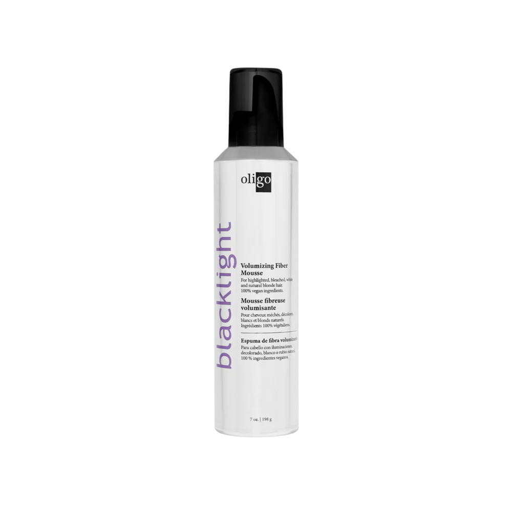 “Flacon de Mousse fibreuse volumisante Blacklight d’Oligo Professionnel – volume léger et protection thermique”