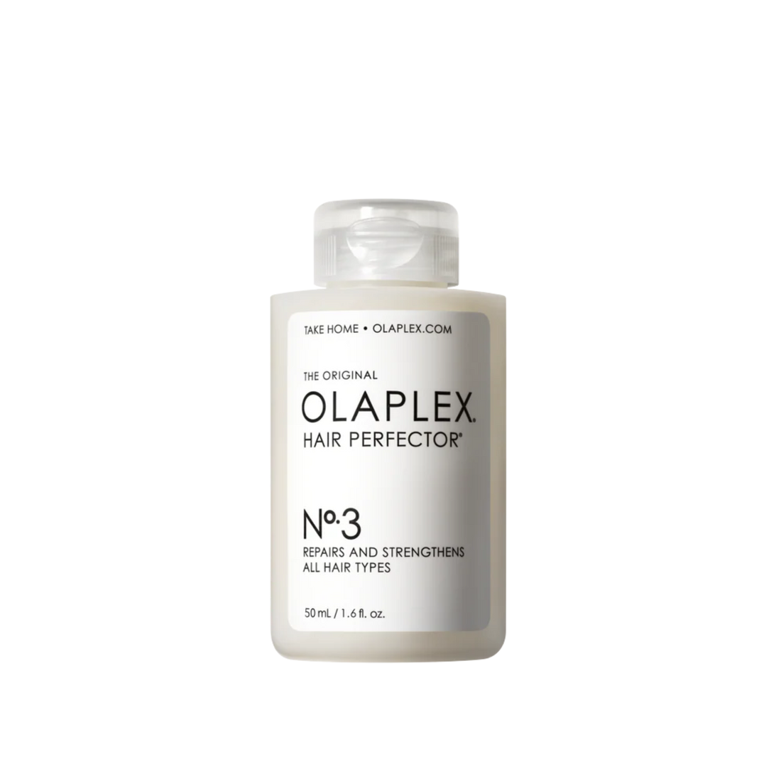 Flacon du traitement Olaplex N° 3 Hair Perfector posé sur fond neutre