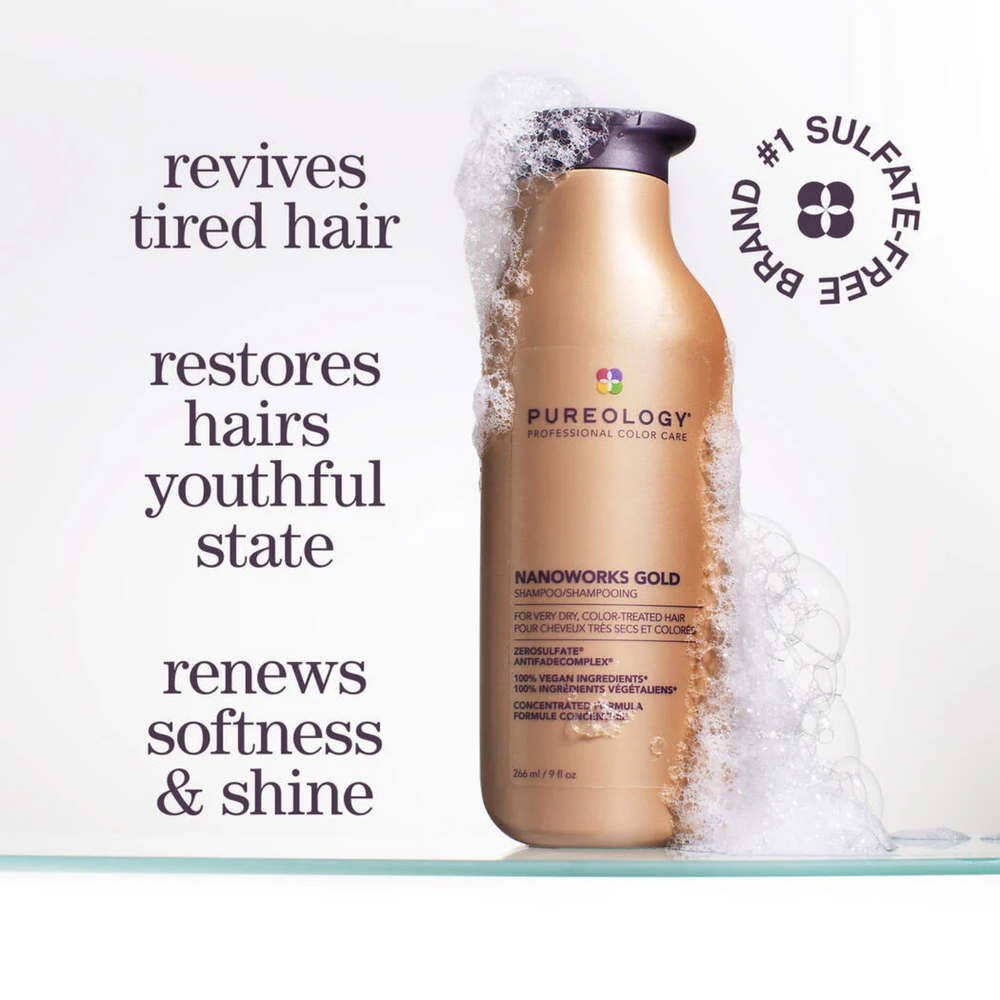 Shampooing Nanoworks Gold Pureology – soin vegan réparateur, éclat et douceur pour cheveux matures ou colorés