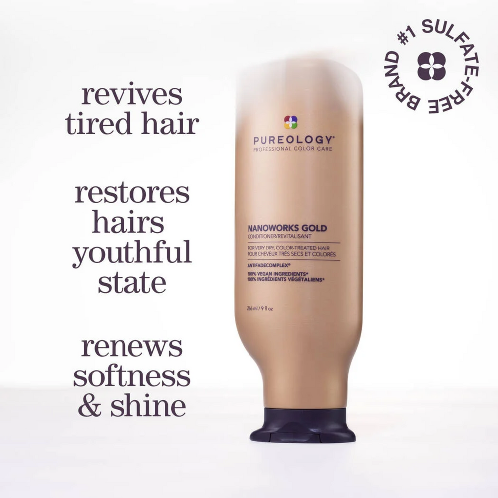 Shampooing Nanoworks Gold Pureology – soin vegan réparateur, éclat et douceur pour cheveux matures ou colorés