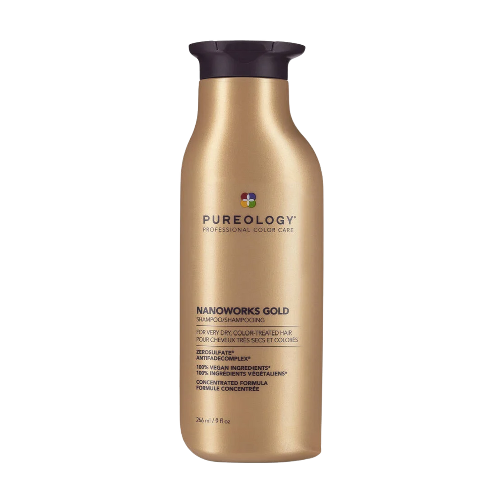 Shampooing Nanoworks Gold Pureology – soin vegan réparateur, éclat et douceur pour cheveux matures ou colorés