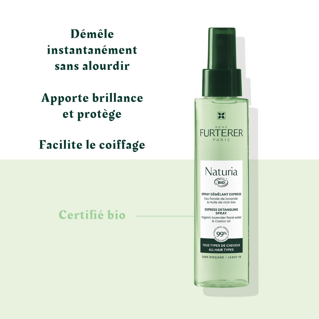 Flacon 200 ml du Spray démêlant express Naturia René Furterer, brume biphasée hydratante et sans silicone
