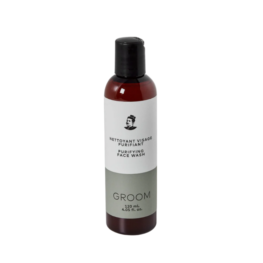 Flacon 120 ml du Nettoyant Visage Purifiant Groom – formule naturelle à l’argile volcanique, orge & jojoba, parfum pin et cèdre

