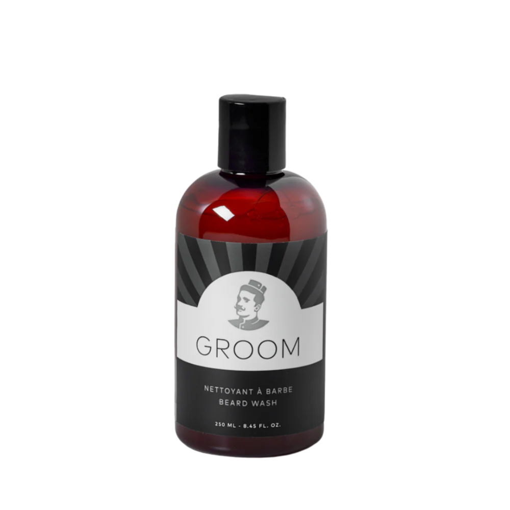Flacon du Nettoyant à barbe Groom – shampooing doux pour barbe, parfum pin‑genévrier‑sauge, format 250 ml/500 ml

