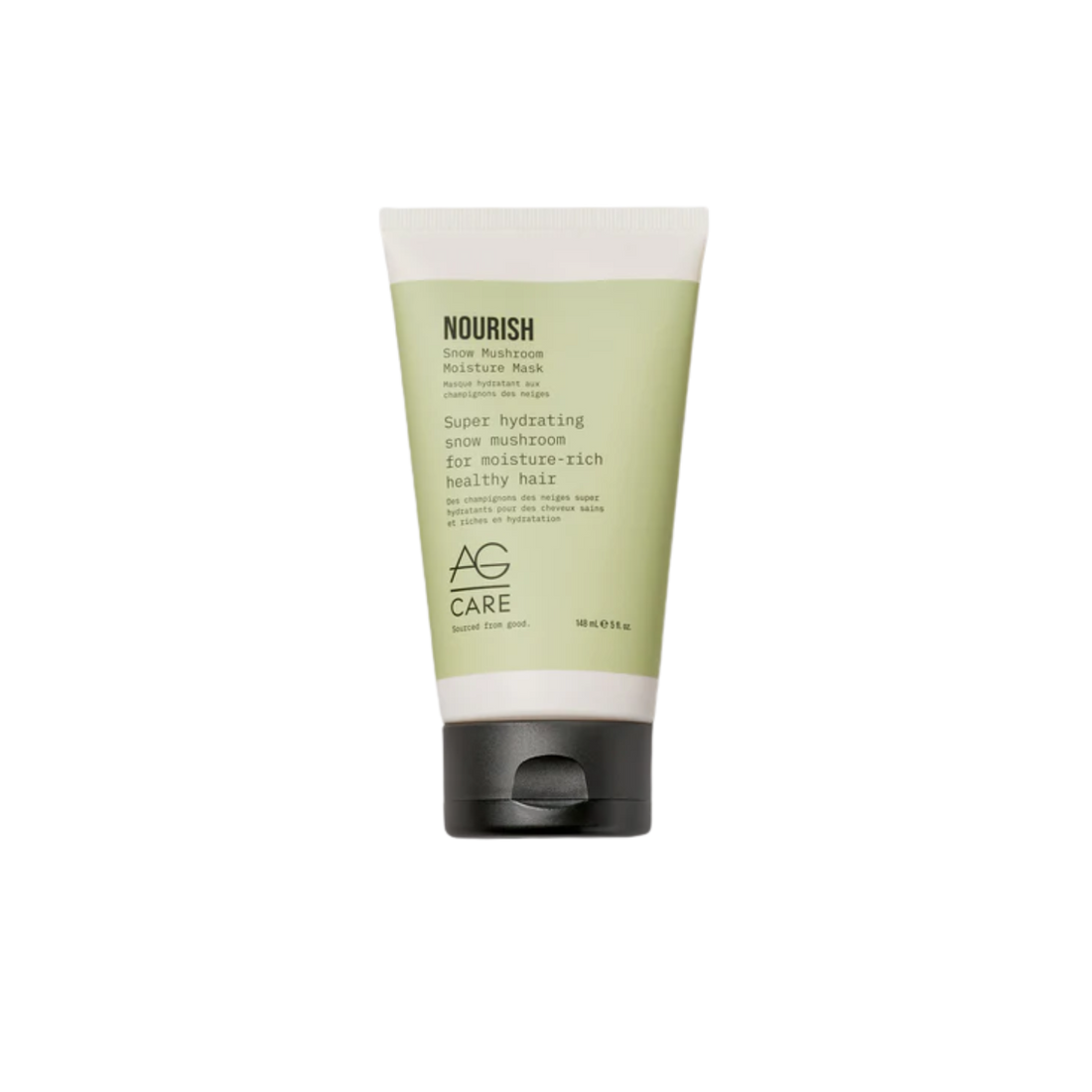 Pot de AG Care Nourish Snow Mushroom Moisture Mask sur fond neutre, cheveux brillants et brillants en arrière-plan