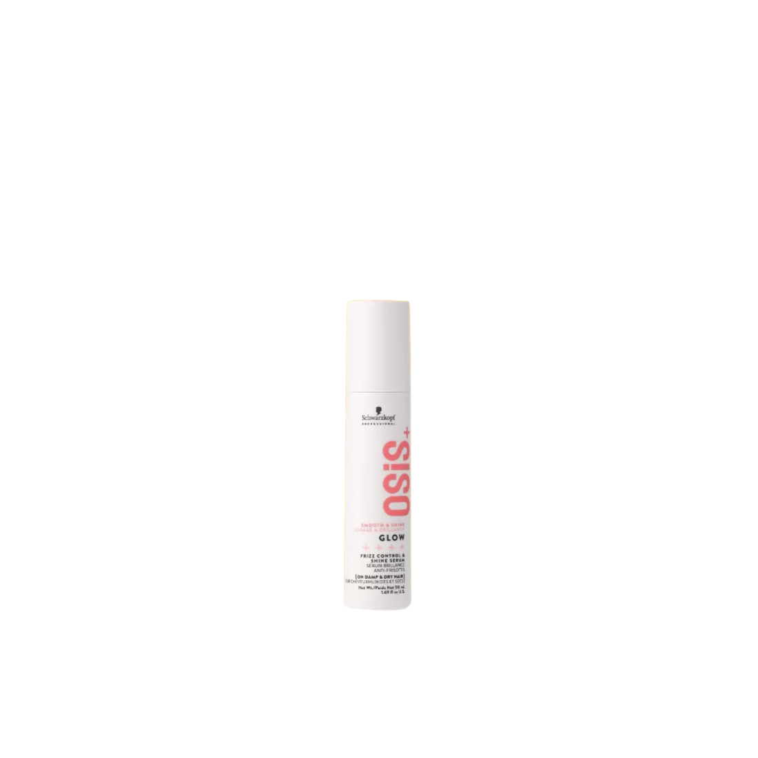 Flacon OSiS+ Glow effet brillance intense sur cheveux lisses, avec flacon doré / transparent sur fond clair.