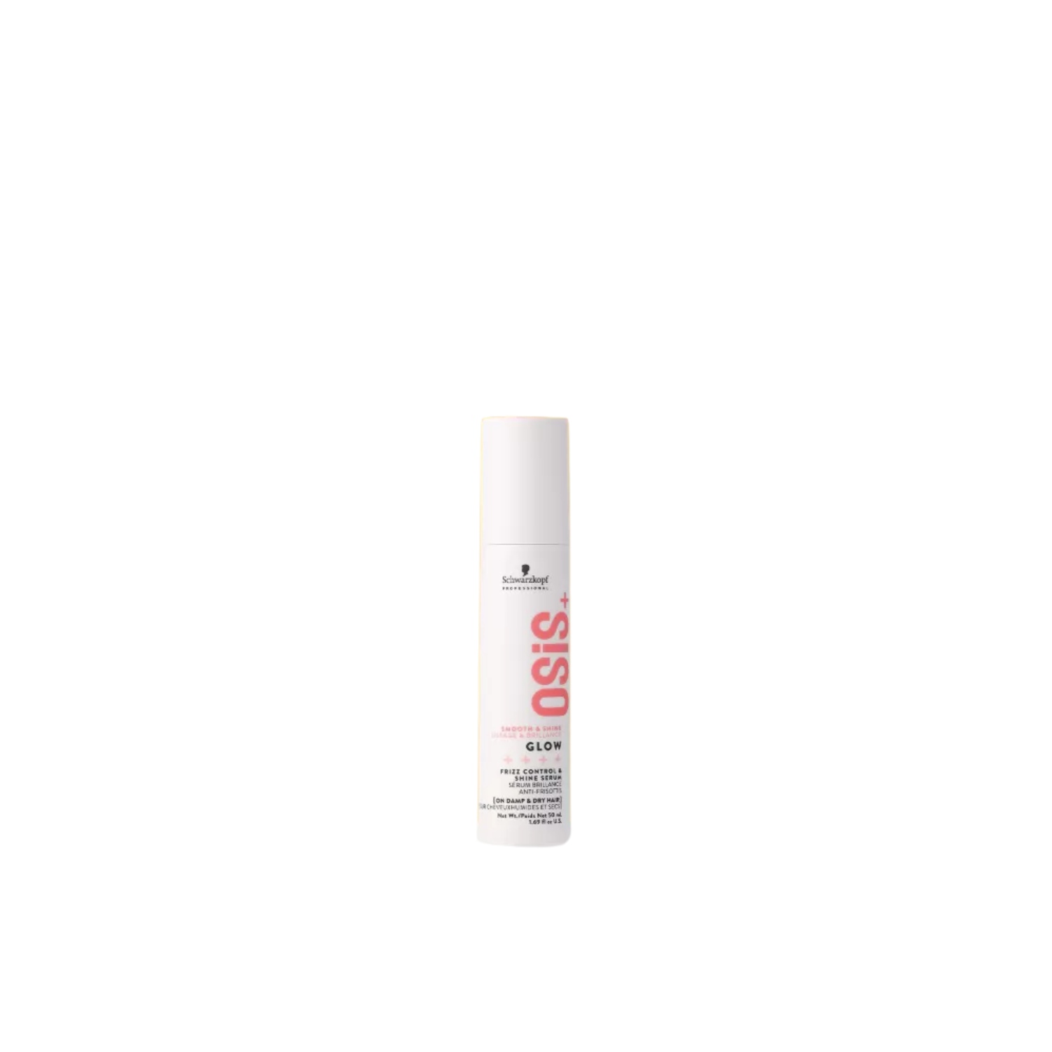 Flacon OSiS+ Glow effet brillance intense sur cheveux lisses, avec flacon doré / transparent sur fond clair.