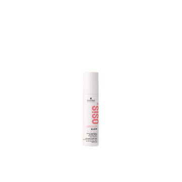 Flacon OSiS+ Glow effet brillance intense sur cheveux lisses, avec flacon doré / transparent sur fond clair.