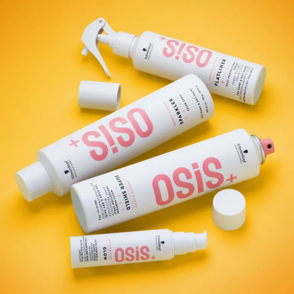 Flacon OSiS+ Glow effet brillance intense sur cheveux lisses, avec flacon doré / transparent sur fond clair.