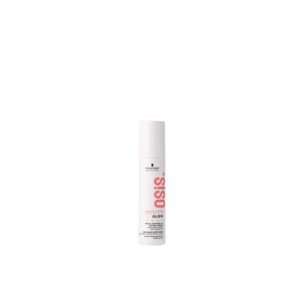 Flacon OSiS+ Glow effet brillance intense sur cheveux lisses, avec flacon doré / transparent sur fond clair.