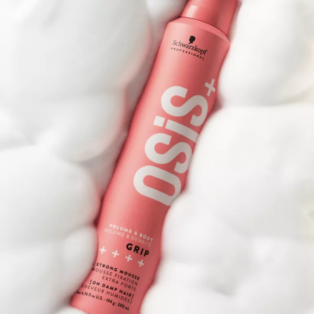 Mousse coiffante OSiS Grip – flacon mousseur blanc/argent avec logo