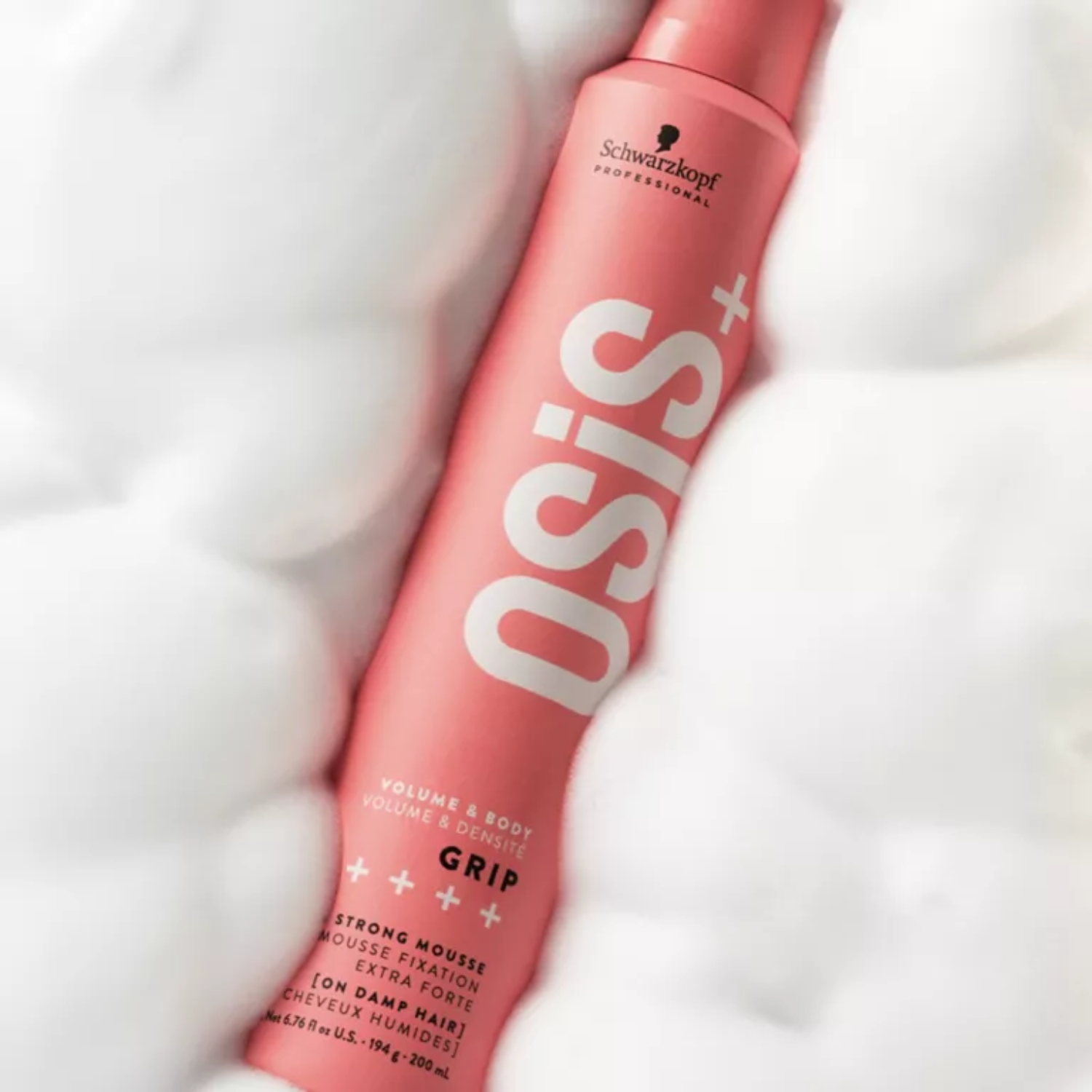 Mousse coiffante OSiS Grip – flacon mousseur blanc/argent avec logo