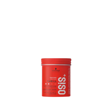 Pot de pâte fibreuse OSiS+ Thrill avec texture souple et finition brillante sur fond clair.
