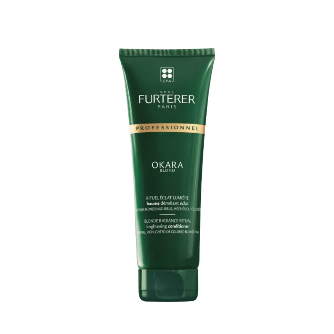 Tube 150 ml du Baume Démêlant Éclat Okara Blond René Furterer, soin sans silicone pour cheveux blonds naturels, méchés ou colorés
