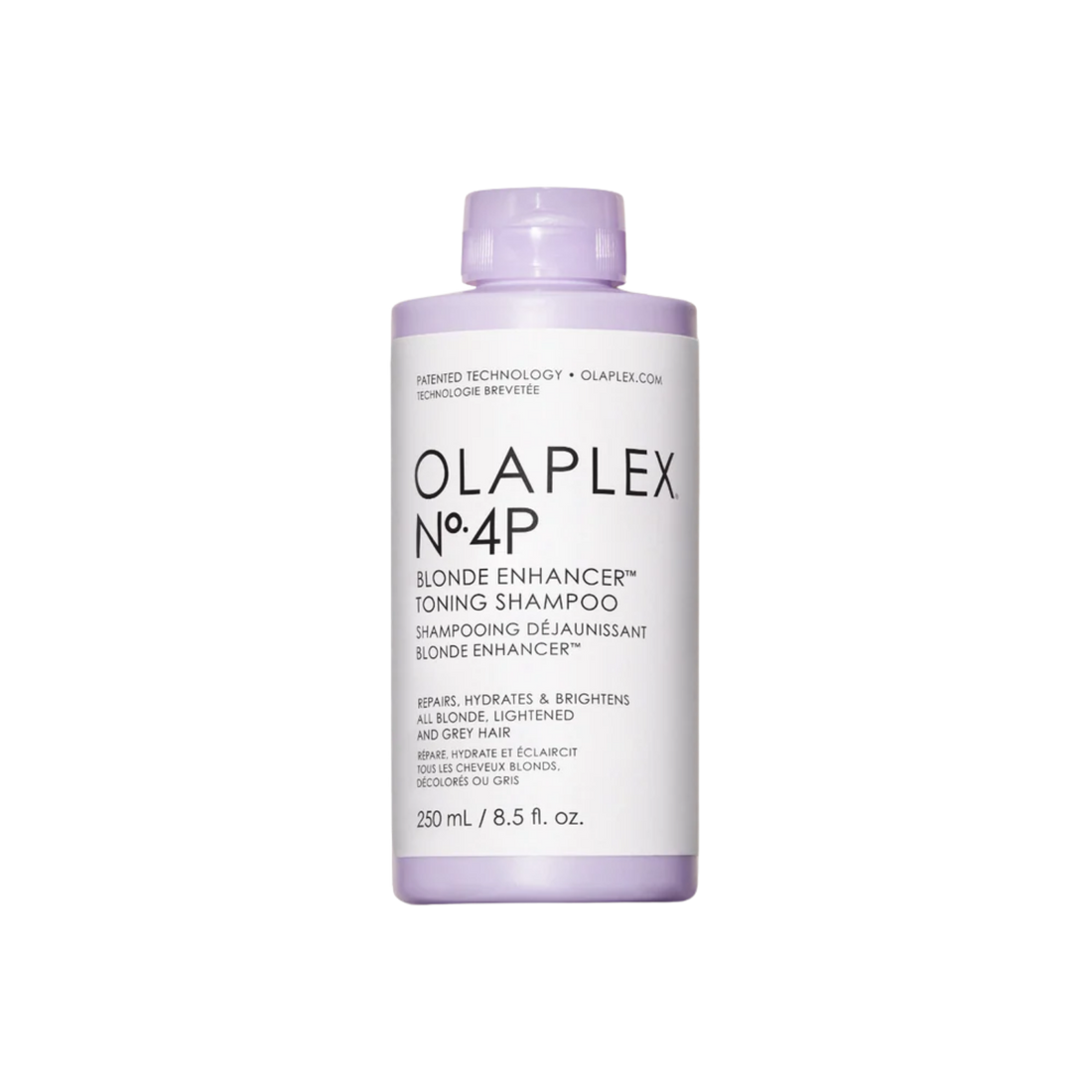 Flacon du shampooing Olaplex N° 4P Blonde Enhancer posé sur fond neutre