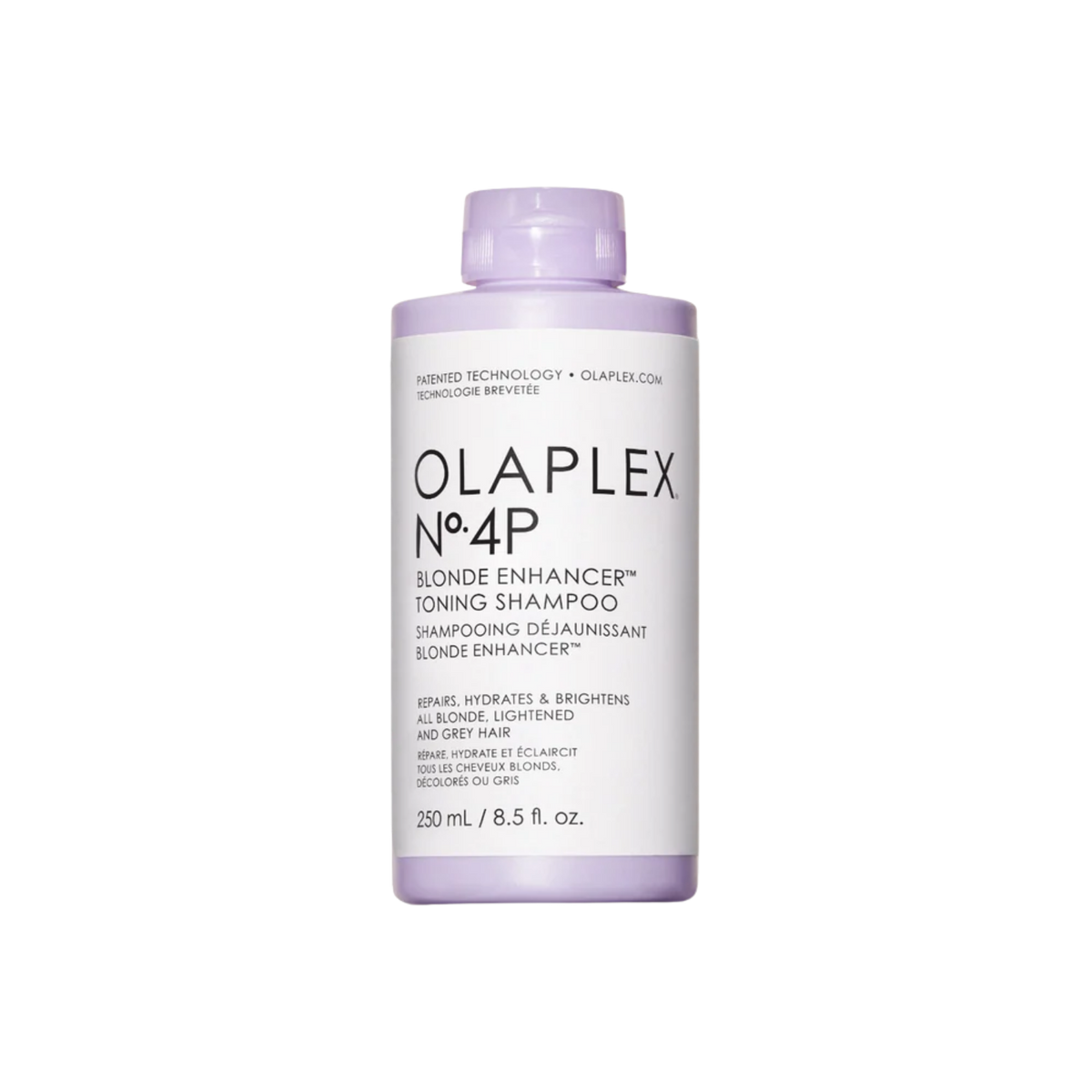 Flacon du shampooing Olaplex N° 4P Blonde Enhancer posé sur fond neutre