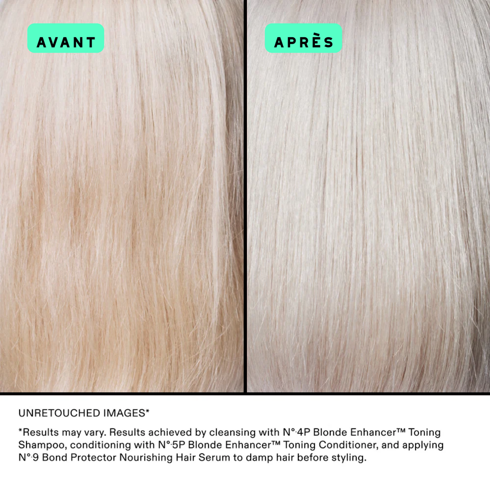 Flacon du shampooing Olaplex N° 4P Blonde Enhancer posé sur fond neutre
