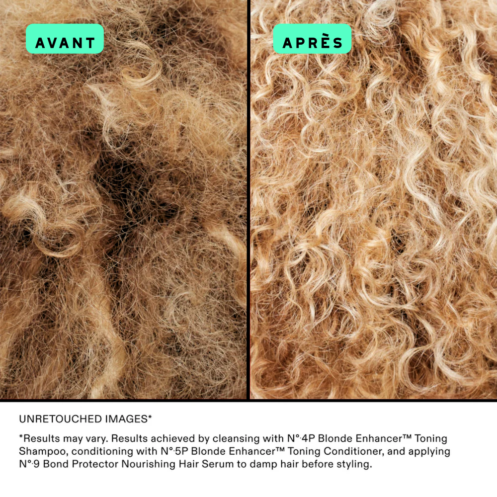 Flacon du shampooing Olaplex N° 4P Blonde Enhancer posé sur fond neutre