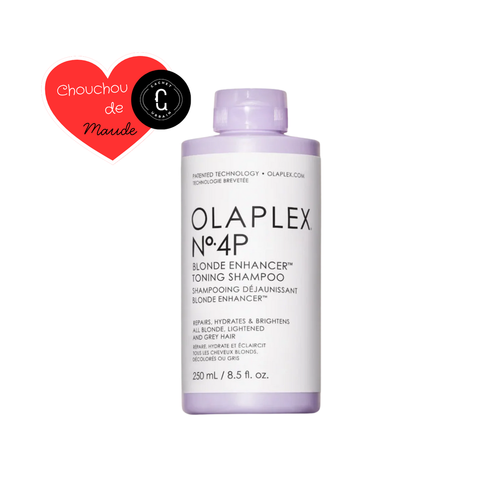 Flacon du shampooing Olaplex N° 4P Blonde Enhancer posé sur fond neutre