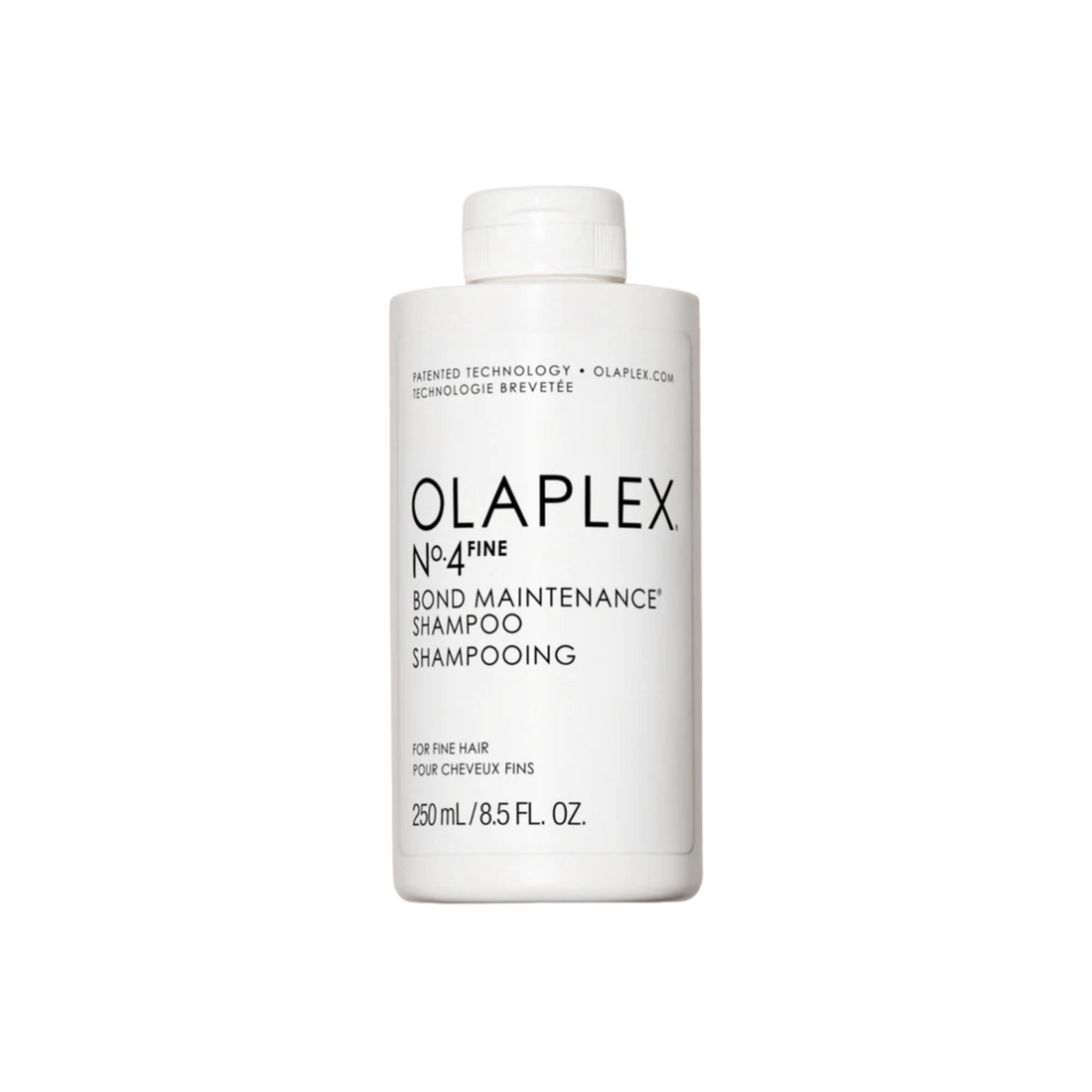 Flacon du shampooing Olaplex N° 4 Fine Bond Maintenance sur fond neutre