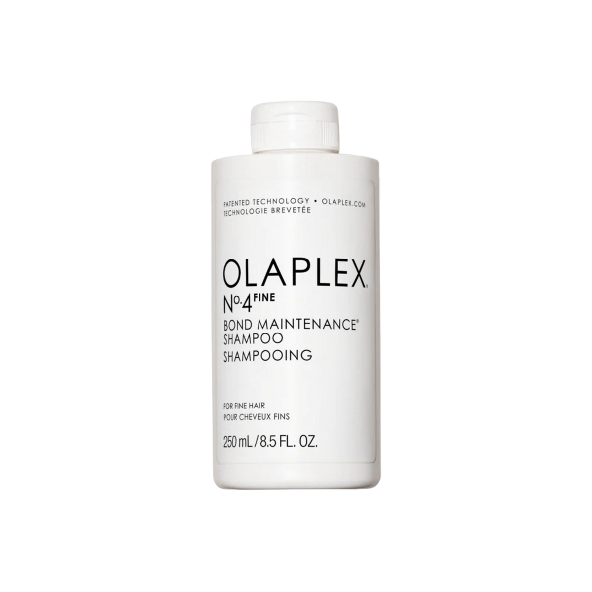Flacon du shampooing Olaplex N° 4 Fine Bond Maintenance sur fond neutre