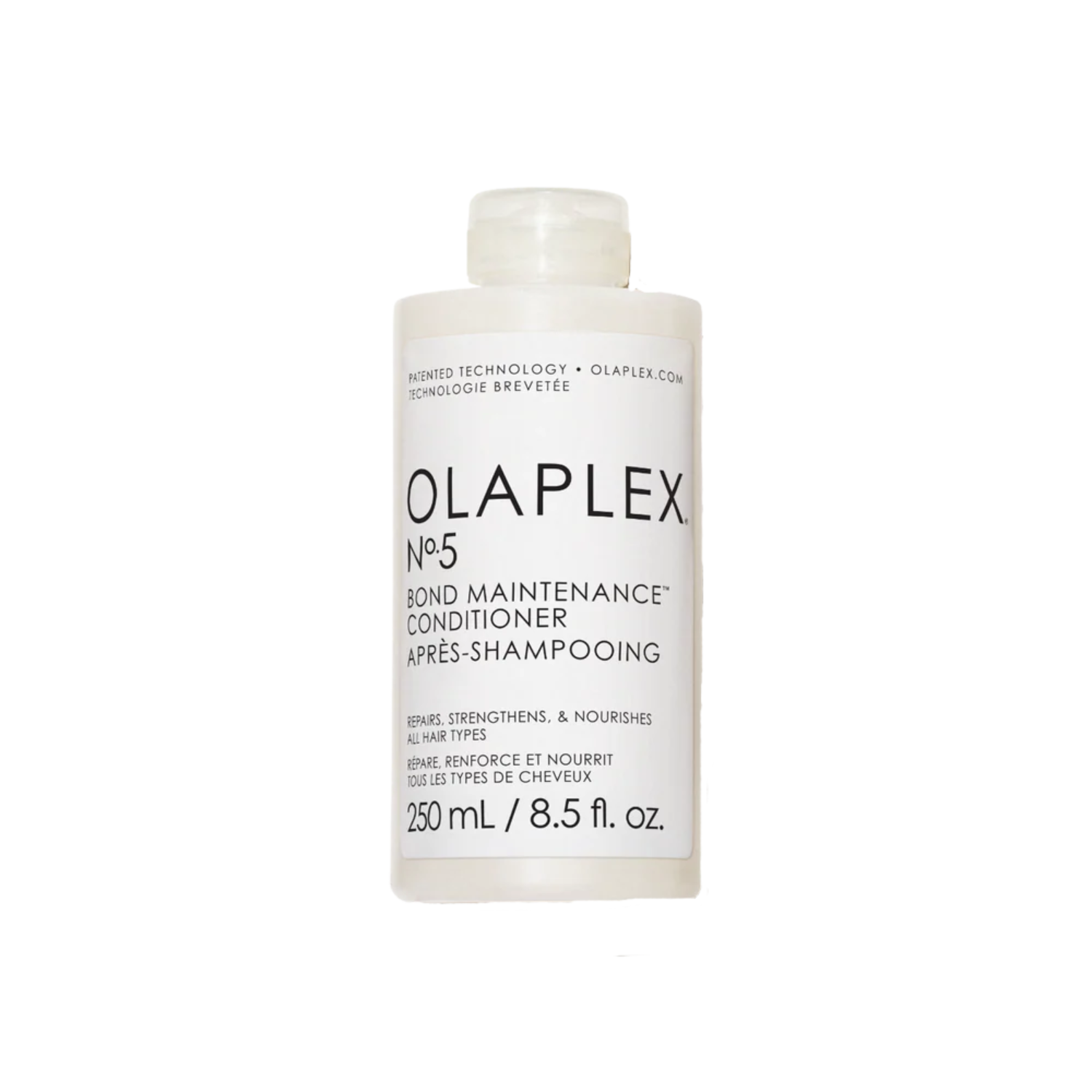 Flacon du conditionneur Olaplex N° 5 Bond Maintenance posé sur fond neutre