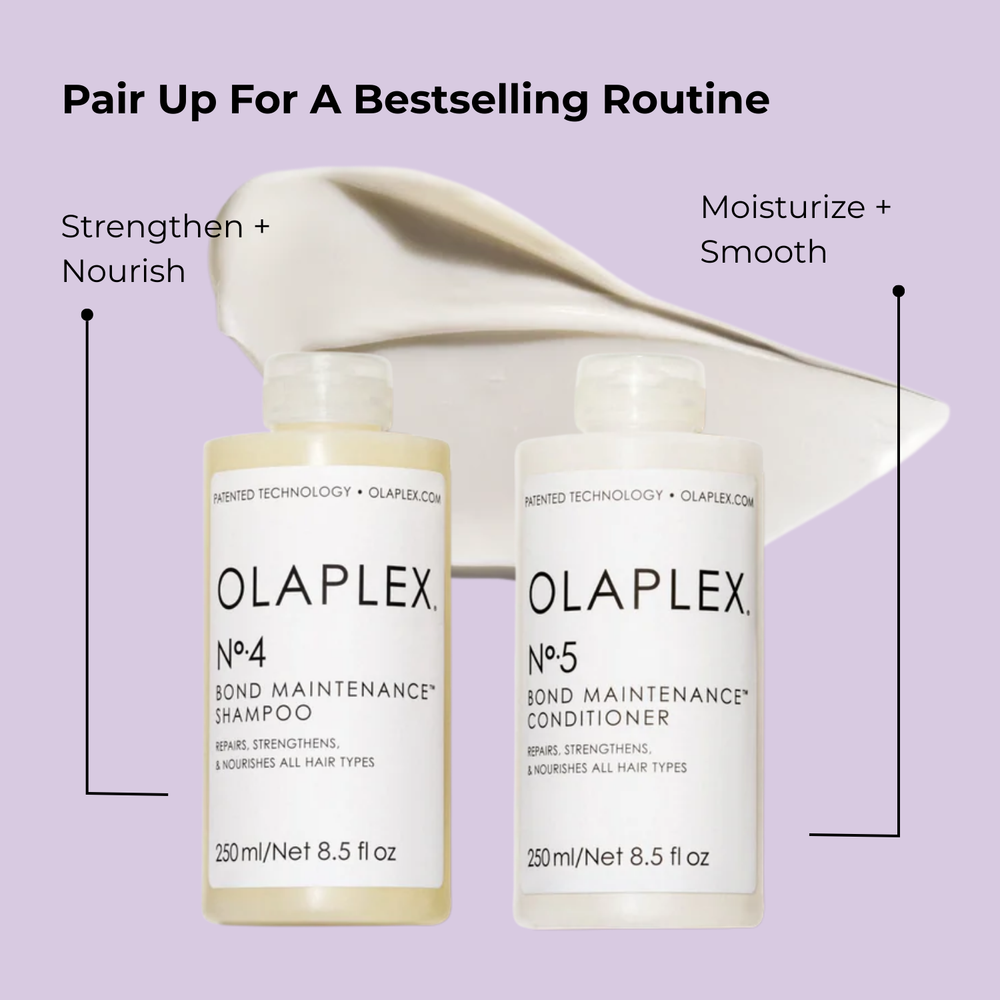Flacon du conditionneur Olaplex N° 5 Bond Maintenance posé sur fond neutre