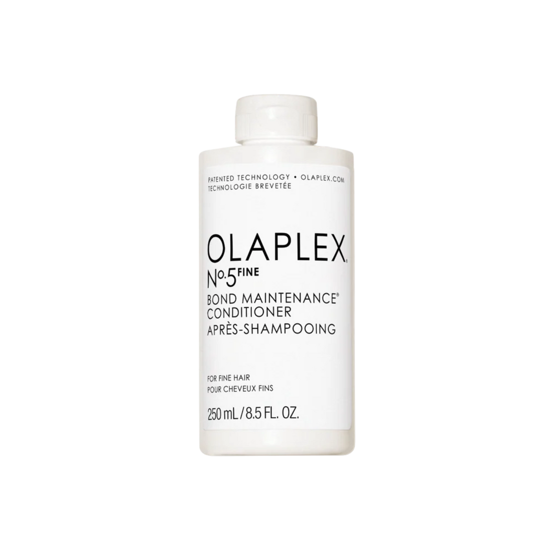 Flacon du conditionneur Olaplex N° 5 Fine Bond Maintenance posé sur fond neutre