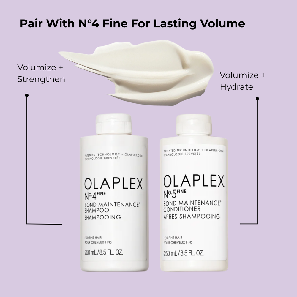 Flacon du conditionneur Olaplex N° 5 Fine Bond Maintenance posé sur fond neutre