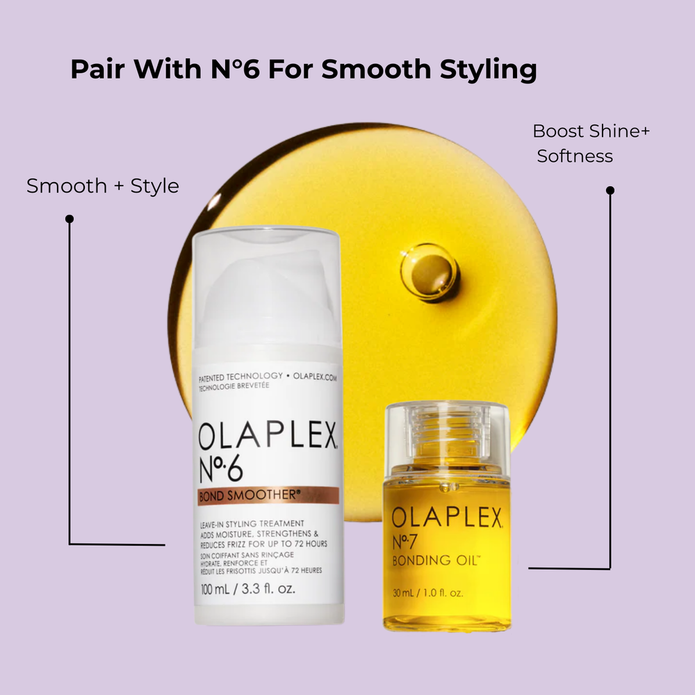 Flacon de l’huile coiffante Olaplex N° 7 Bonding Oil posé sur fond neutre