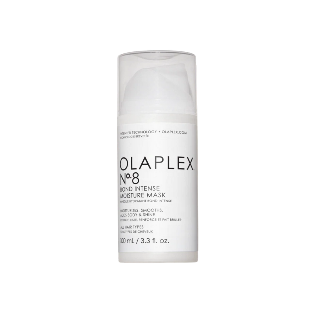 Flacon du masque Olaplex N° 8 Bond Intense Moisture posé sur fond neutre