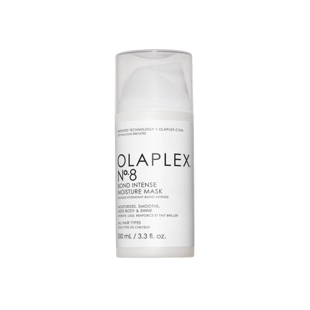 Flacon du masque Olaplex N° 8 Bond Intense Moisture posé sur fond neutre